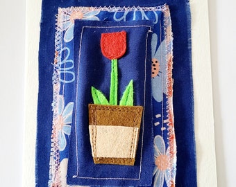 Handmade 'Tulip in a Pot' Felt and Fabric Greeting Card