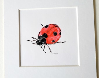 Original Ladybug Watercolour Painting, Pen Sketch Artwork