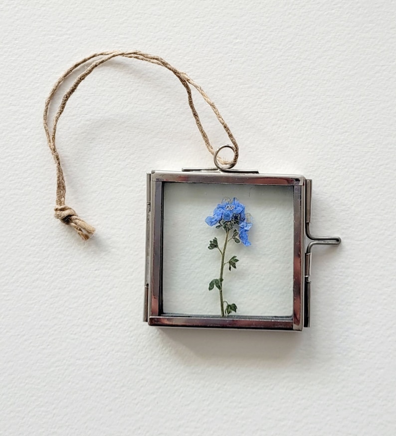 May include: A small silver frame with a blue flower pressed inside. The frame has a string attached to it, making it a hanging ornament.