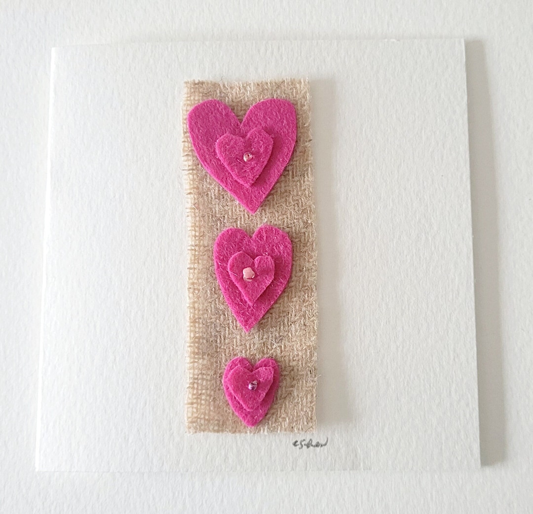Handmade 'pink Heart Trio' Felt Greeting Card Etsy UK