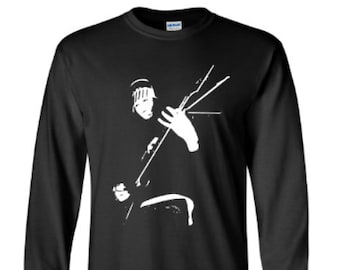 May include: Black long-sleeve t-shirt with a white silhouette of a person playing a guitar.
