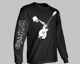 May include: Black long-sleeve t-shirt with a white graphic of a musician playing a guitar. The text "BUCKETHEAD" is printed vertically on the left sleeve.