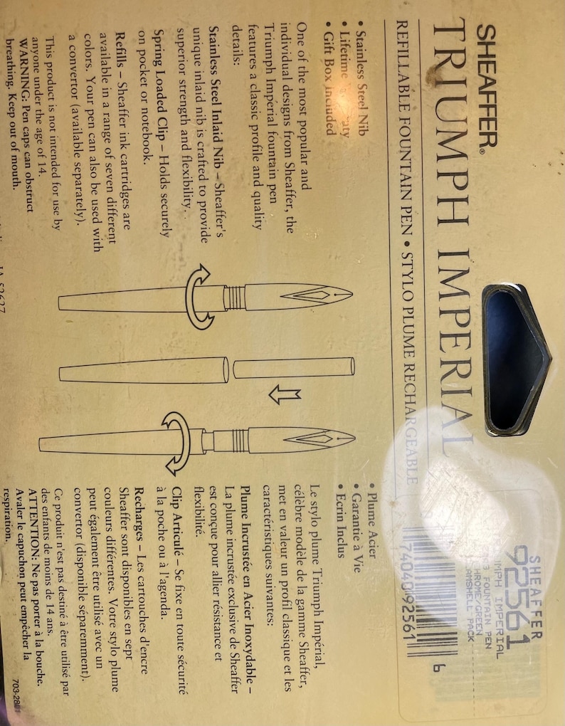May include: A gold Sheaffer Triumph Imperial fountain pen with a stainless steel inlaid nib. The pen features a spring-loaded clip and is refillable with Sheaffer ink cartridges. The packaging includes a lifetime guarantee and a gift box.