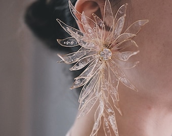 Big Gold Flower Earring, Gold Flower Earring Modern Wedding Earring - Bridal Piece Earring, Gold Bohemian Wedding Earring, Gold Drop Earring