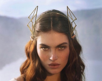 Cat Headpiece, Gold Goddes Crown, Geometric crown, Geometric Headband, Gold Plated Crown, Helen Crown, Gold Leaf Crown, Greek Goddess Tiara