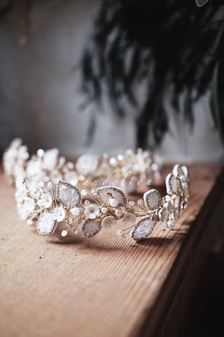 Crystal Bridal Crown, Gold Leaf Crown, Gold Bridal Headpiece  display picture 1