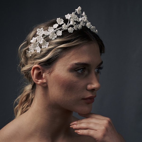 White Blossom Bridal Crown, White Flower Bridal Headpiece, Blossom Headband,  Bridal blossom tiara, White Boho flower crown, Porcelain Crown