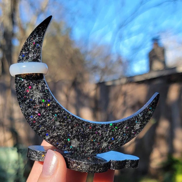 Black Glittery Crescent Moon Ring Holder w Starbursts- READY TO SHIP - Jewelry Holder, Resin, Mica, Glitter