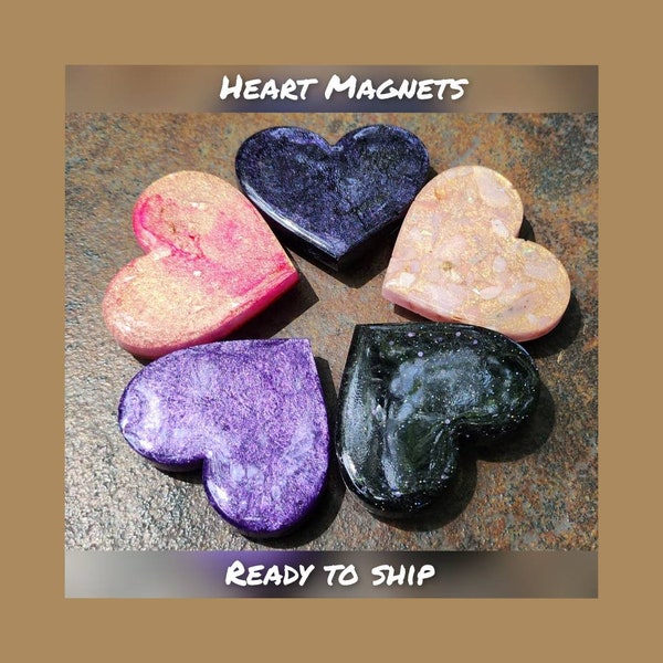 Heart Magnets - READY TO SHIP - Refrigerator Magnets, Kitchen Decor, Epoxy Resin, Shimmery Mica Powder, Alcohol Inks, Iridescent Glitter