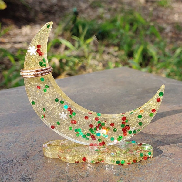 Crescent Moon Ring Holder - Snowflakes & Glitter - READY TO SHIP