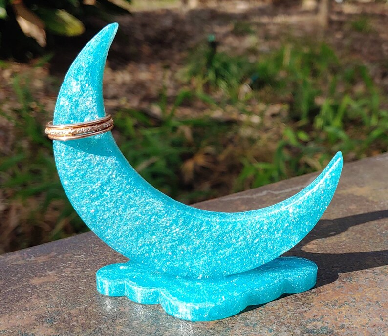 Shimmery Light Blue Crescent Moon Ring Holder