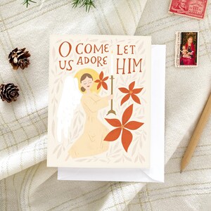 Aanbiddende engel kerstkaart, O kom laten we aanbidden kaart, christelijke kerstkaarten, katholieke kerstkaart, religieuze kerstkaart