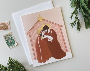 Tarjeta de Navidad de Belén de Lámina de Oro, Tarjeta de Navidad Religiosa, Tarjeta de Natividad, Tarjeta de la Sagrada Familia, Tarjeta de Navidad, Tarjetas de Navidad Cristianas