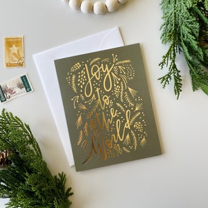 Cartão de alegria para o mundo, folha de ouro, cartão de natal religioso, cartão de natal de alegria, cartão de natal, cartão de natal cristão, cartão católico