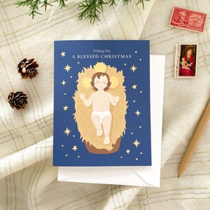 Christuskind kerstkaart, baby Jezus kaart, christelijke kerstkaarten, katholieke kerstkaart, kribbekaart, religieuze kerstkaart