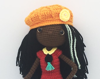 KANITA: Crochet handmade amigurumi doll set--bendable limbs/sweater vest/skirt/top/dress/purse/rose pin/boots/beret/bucket hat/mask/necklace