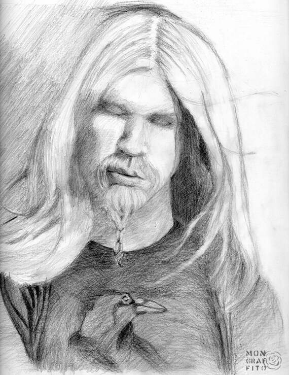 Long Hair Blond Bearded Man With Raven Drawing