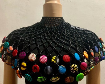 African buttons cape necklace black Ankara buttons