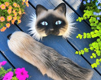 Siamese Cat Mask, Tail or Set, Therian Mask, Kids Dress Up Costume, Custom Eye Color, Handmade, Faux Fur