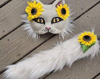Felted Cat Mask with Sunflower Accents, Nature Inspired Therian Tail
