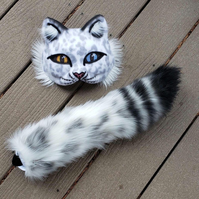 therian gear snow leopard white grey cat mask and matching tail