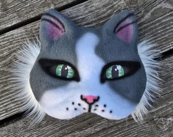 Tuxedo Cat Therian Mask, Grey & White Feline Costume