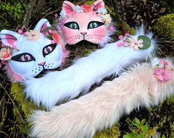 Cat Mask, Tail or Set for Kids - Pink or White Floral Cat Dress Up Animal Costume, Therian Style Best Friend or Sibling Set