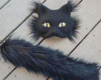 Therian Black Cat Mask Yellow Eyes or Custom Eye Color Faux Fur Tail