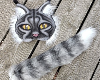 Therian Mask or MATCHING TAIL! Gray Cat Mask Lynx Bobcat Wildcat