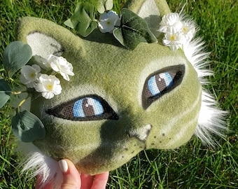 Floral Therian Cat Mask, Tail or SET - Kids Dress Up Costume - Sage Green Custom Eye Color Personalized