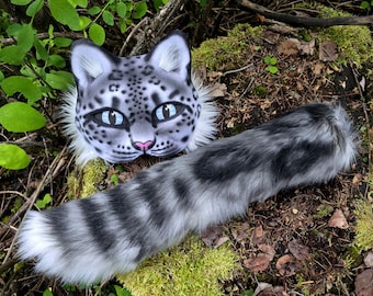 White Clouded Leopard Therian MASK, TAIL or SET Kids Dress Up Costume - Big Cats - Personalized Eye Color , Faux Fur, Handmade Gift Set