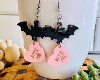 Bat & Candy Heart “Bite Me” Acrylic Dangle Earrings, Halloween Earrings