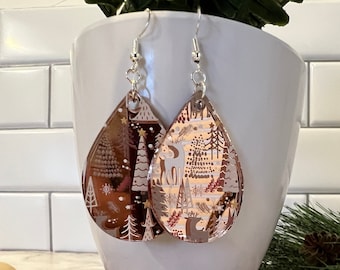 Rose Gold Mirrored Winter Scene Teardrop Acrylic Earrings