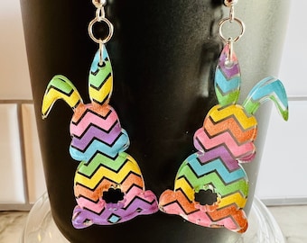 Chevron Bunny Folded Ear Acrylic Earrings, Easter Bunny Earrings, Spring Theme Earrings