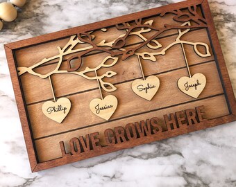 Hanging Hearts Wooden Sign, Family Name Sign, Elegant Family Tree Keepsake Gift, Personalized Sign, Home Decor, Mothers Day Gift