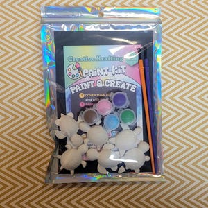 May include: A Creative Krafting Paint Kit in a holographic plastic bag containing six white turtle figurines, five small circular paint pots in pink, purple, brown, blue, and green, and two thin paintbrushes with orange and purple handles.