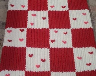 Red and white checked with hearts  Chunky knit blanket
