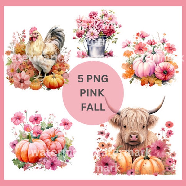 5 PNG PINK Farmhouse Autumn-Inspired Digital Fall Flowers, Pumpkin Decor, Chicken Crafts, and Highland Cow Vibes – Available for Download