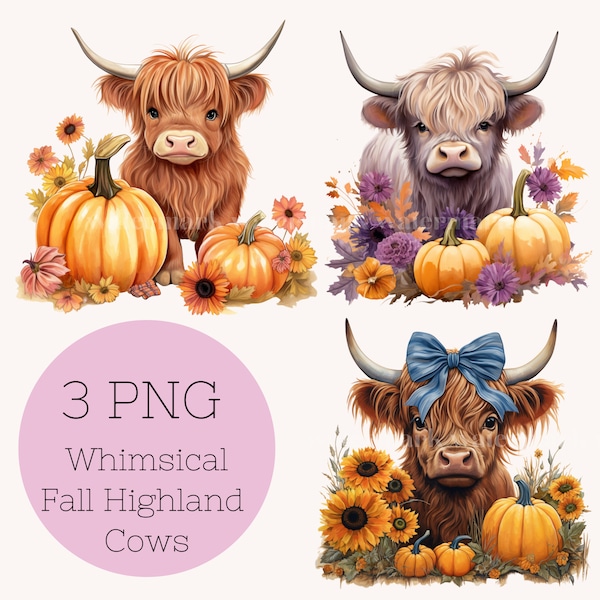 PNG Sublimation Design Highland Cow Fall Pumpkin Designs cute Autumn Floral