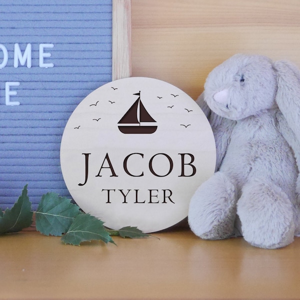 Custom Baby Name Sign | Engraved Wood, Birth Announcement Sign, Prop For Newborn Baby Photos, Gender Neutral Baby Sign, Sailboat Style