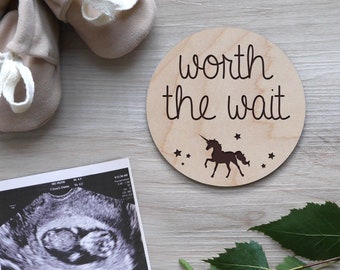 Pregnancy Announcement Sign | Engraved Wood, Pregnancy Reveal Sign, Maternity Photoshoot, Nursery Sign, Worth The Wait, Unicorn Style