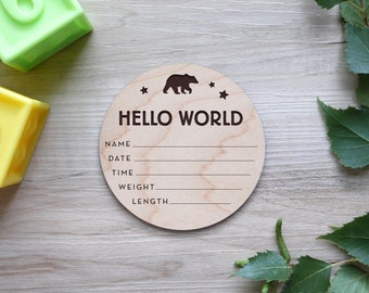 Birth Stats Sign | Engraved Wood, Birth Announcement Sign, Hospital Announcement Sign, Newborn Wood Stat Sign, Hello World, Bear And Stars
