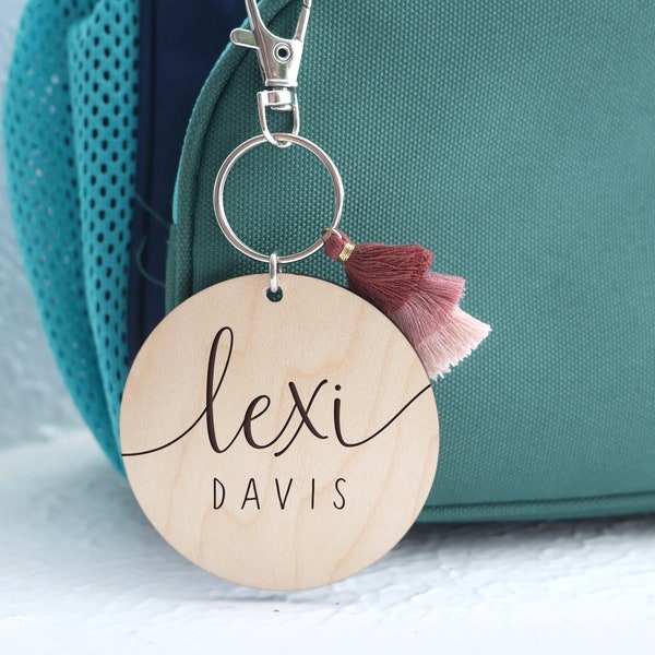 Backpack Name Tag Keychain | Engraved Wood, Bag Tag With Tassel, Back To School Keychain, Personalized Keychain, Custom Name