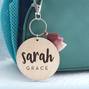 Backpack Name Tag Keychain | Engraved Wood, Bag Tag With Tassel, Back To School Keychain, Personalized Keychain, Custom Name