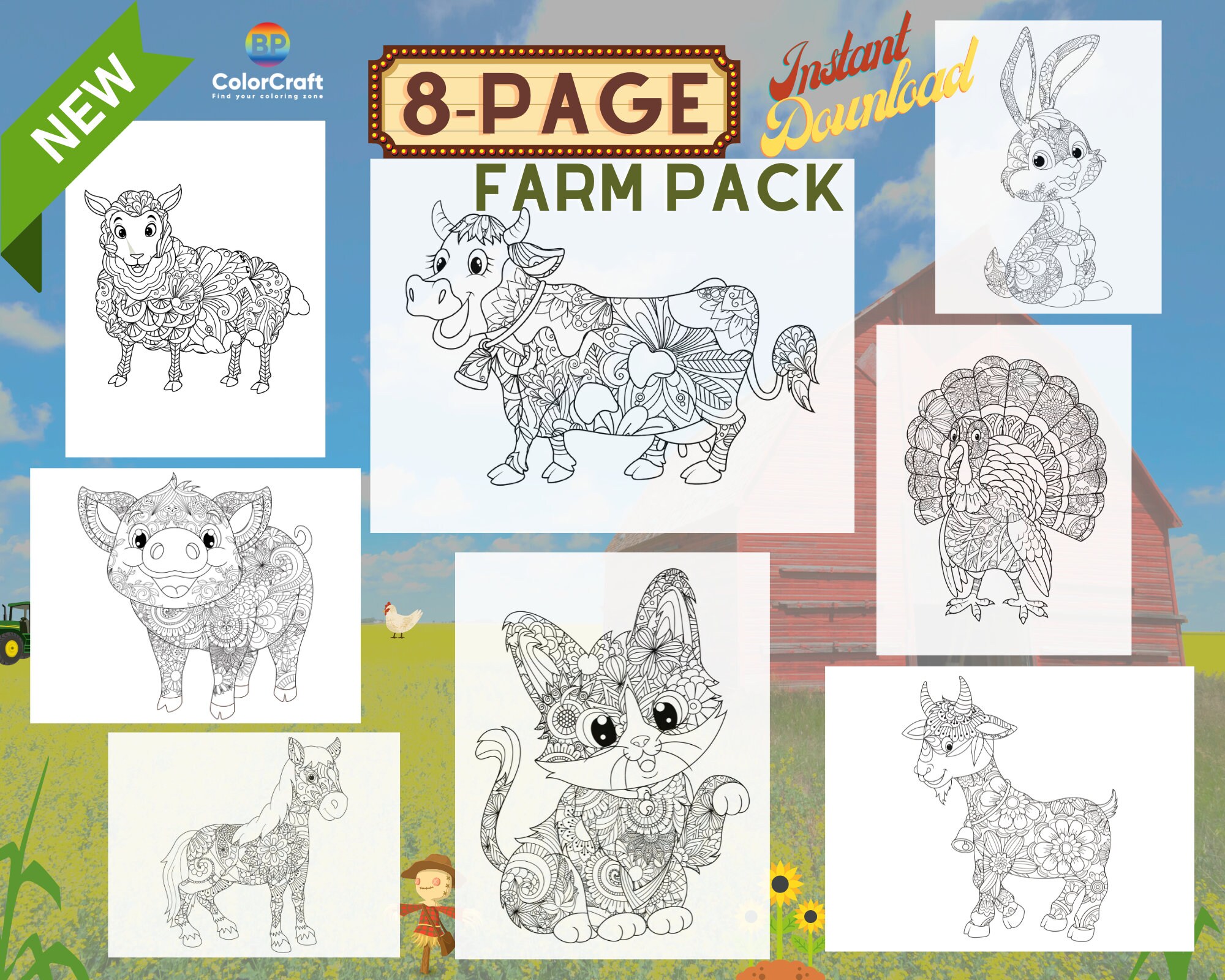 Mandala Farm Animals Printable Coloring Pages Instant Etsy