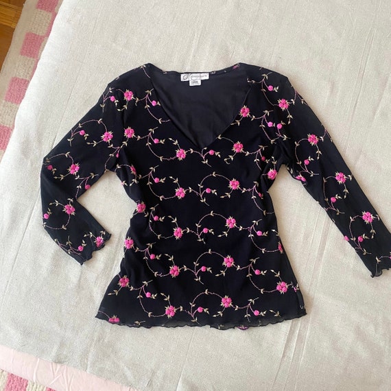 Vintage Y2K Black and Pink Floral Mesh Top Sz M