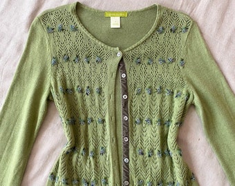 Vintage Y2K Green Beaded Silk and Cotton Knit Cardigan Sz S