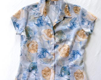 Vintage 90s Y2K Star CCC Blue Floral Blouse | Pastel Fitted Button Up | Size L
