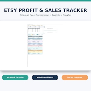 Puede incluir: Una hoja de cálculo de Excel bilingüe en inglés y español para el seguimiento de ventas y beneficios de Etsy. El documento digital presenta un panel mensual con tablas de datos organizadas, secciones codificadas por colores y fórmulas automáticas.