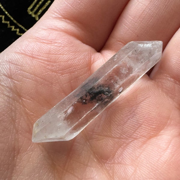 Tibetan Lumerian Black Phantom Quartz Crystal Double Terminated Past Future Time Link Devic Temple Isis Face 41mm 4.5g